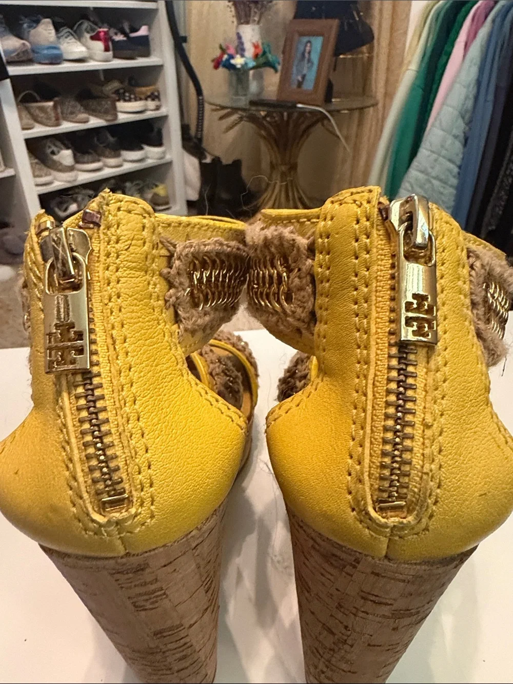 Tory Burch Yellow Wedge Sandals with Jute and Gold Chain Trim